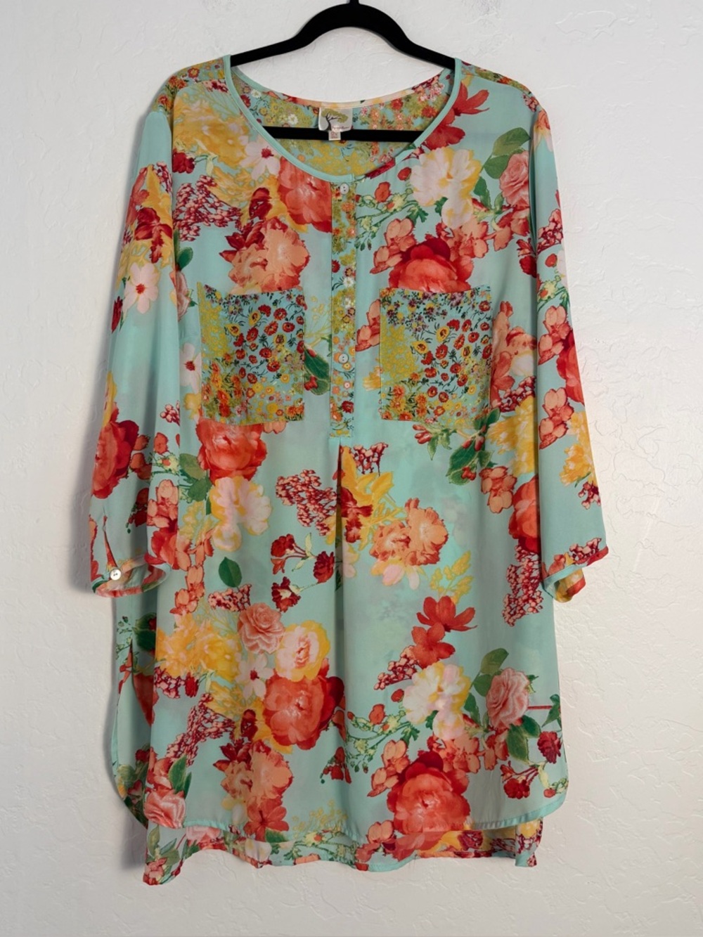 fig & flower Women's 2X Aqua Floral Tunic Light Mint Flowy Relaxed Fit  Bohemian